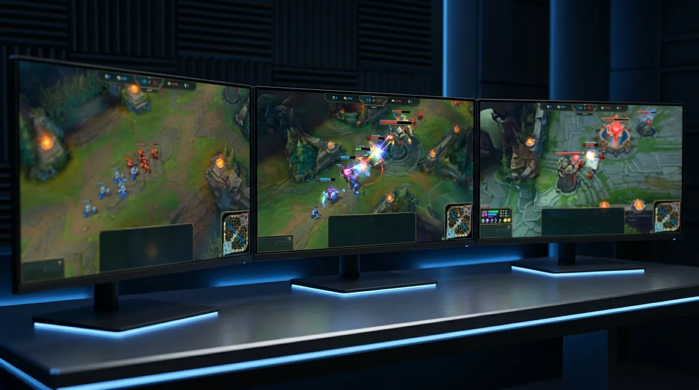 Três monitores de competição profissional de eSports mostrando partidas de ligas regionais de League of Legends em simultâneo
