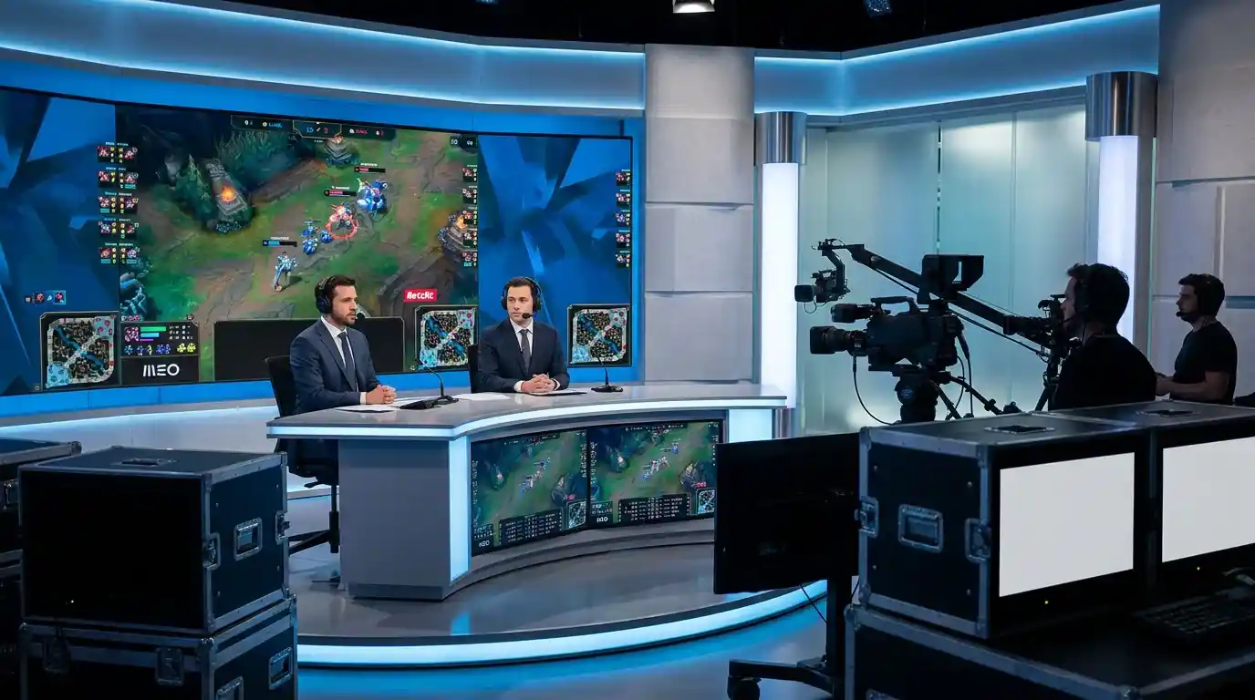 Estúdio de transmissão de eSports com comentadores e ecrãs a mostrar uma partida da liga portuguesa de League of Legends
