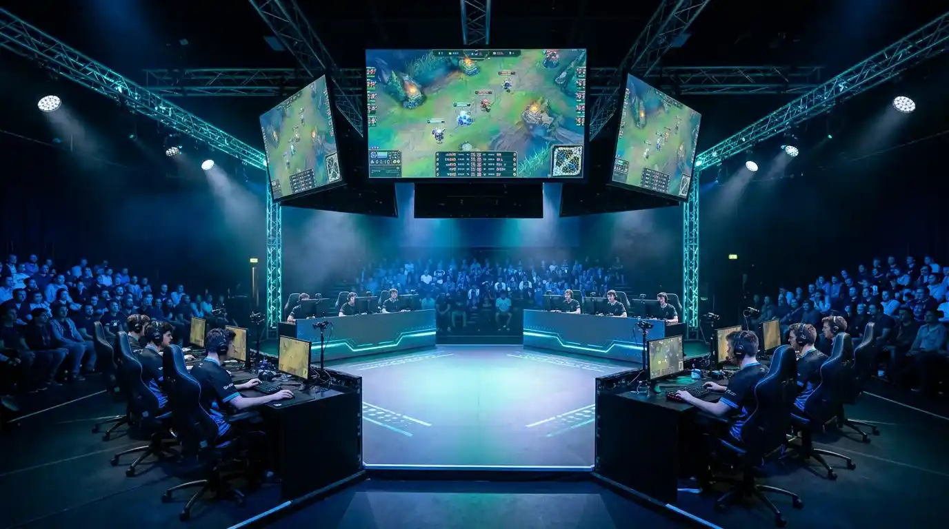 Arena de torneio internacional de eSports com equipas a competir num palco iluminado durante o Mid-Season Invitational de League of Legends