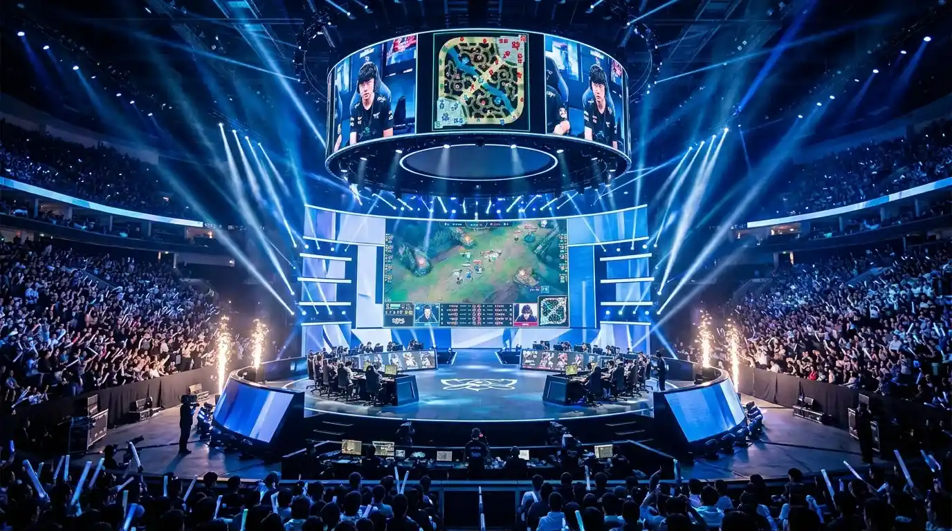 Palco de campeonato mundial de eSports com ecrãs gigantes e multidão numa arena de competição profissional de League of Legends