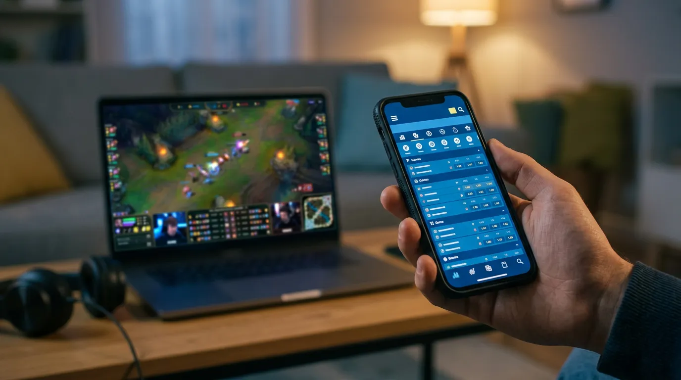 Mão a segurar um telemóvel com uma aplicação de apostas de eSports aberta durante uma transmissão ao vivo de League of Legends