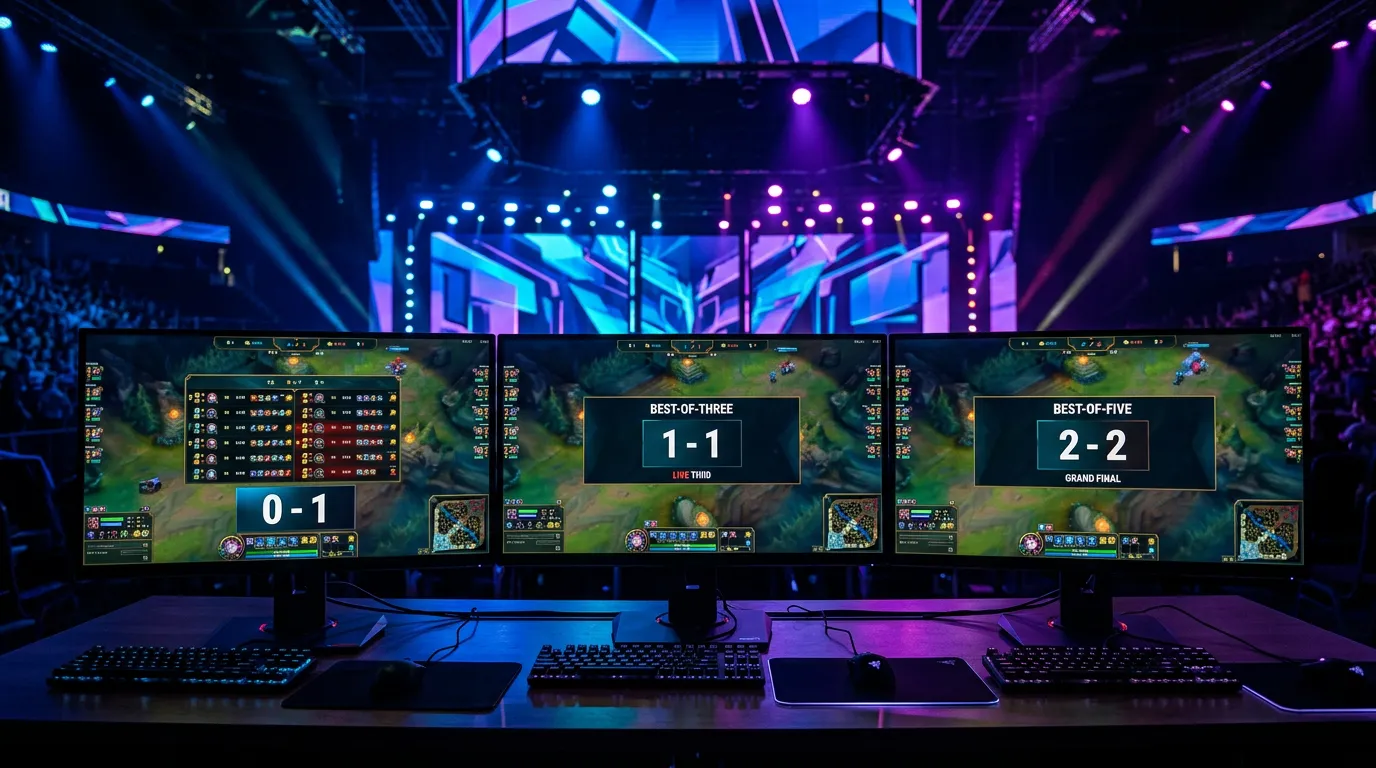 Três ecrãs lado a lado a mostrar diferentes fases de uma série competitiva de League of Legends com marcadores de resultado