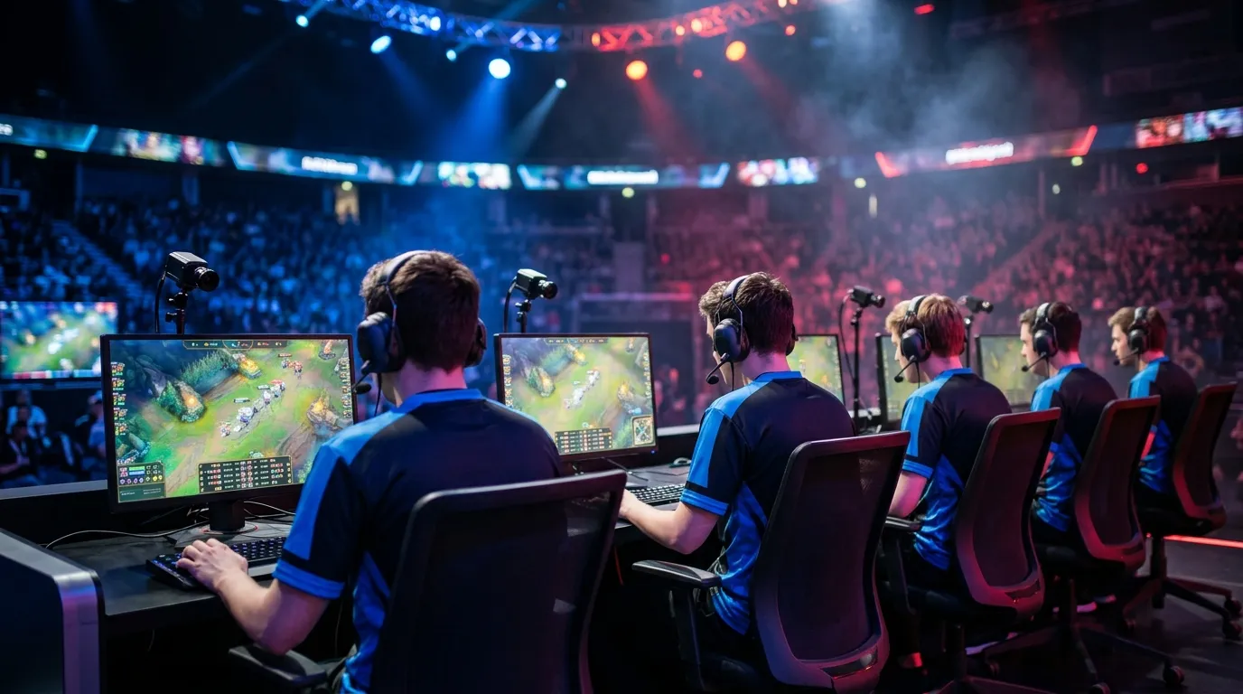 Cinco jogadores profissionais de eSports sentados em frente a monitores numa arena competitiva de League of Legends