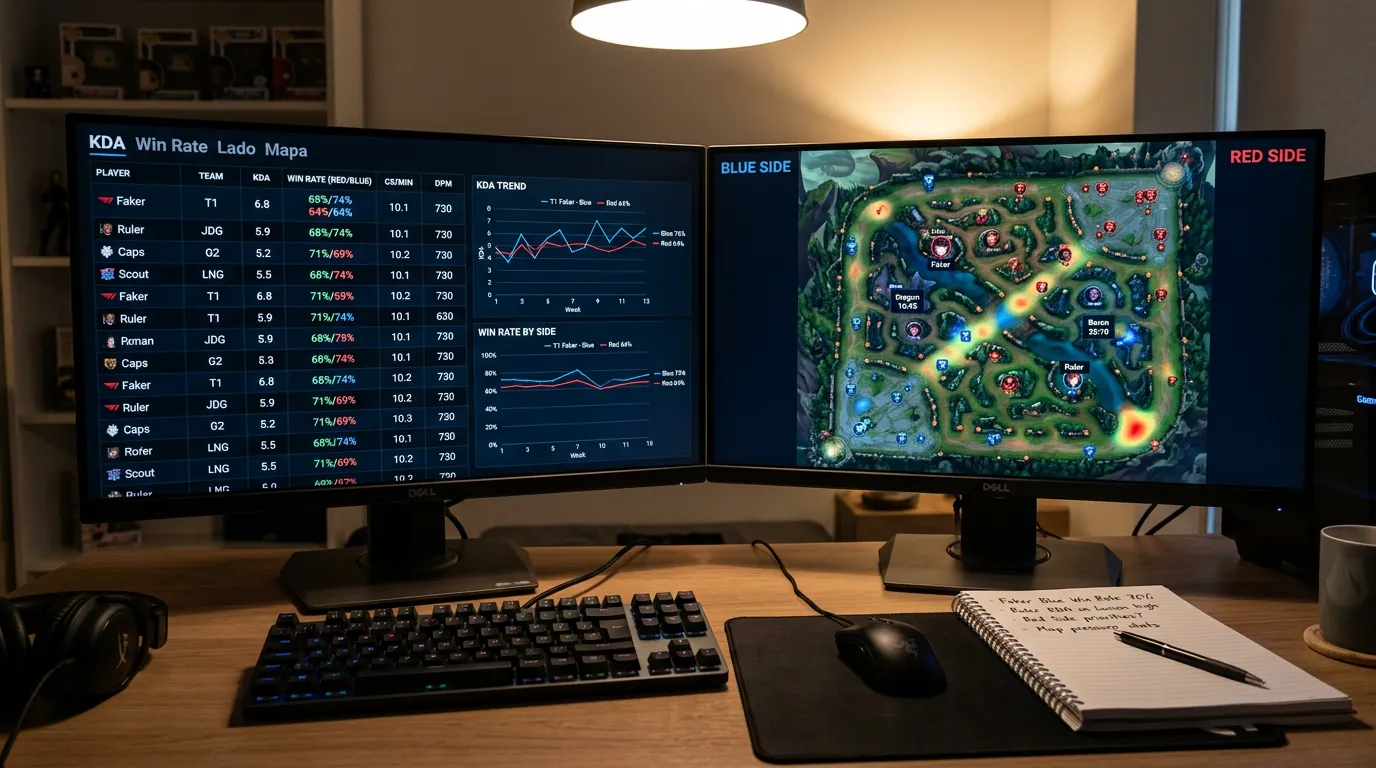 Métricas KDA win rate e lado do mapa para apostas em League of Legends